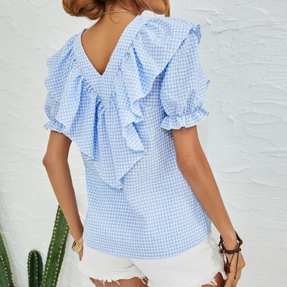 Boho Blue Gingham Puff Sleeve Blouse - Picture 2 of 4